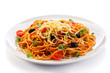 Pasta with meat, tomato sauce, parmesan and vegetables