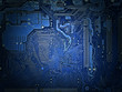 back side of the motherboard closeup, light effect, blue tone