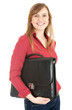 happ young businesswoman with black briefcase