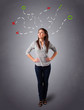 Young woman thinking with abstract marks overhead