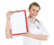 young woman doctor with stethoscope keeping clipboard