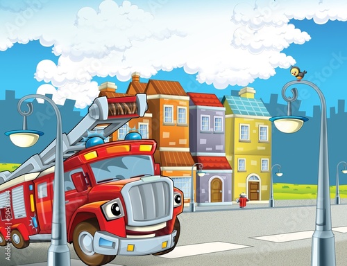 Illustration: The red firetruck - duty - illustration for the children The red firetruck - duty - illustration for the children