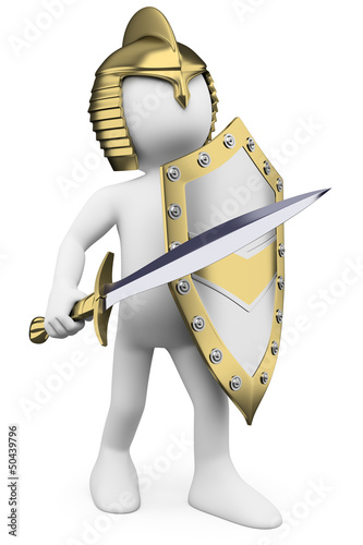 Illustration: 3D white people. Knight with sword helmet and shield 3D white people. Knight with sword helmet and shield