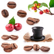 Collections of roasted and red coffee beans, cup of coffee