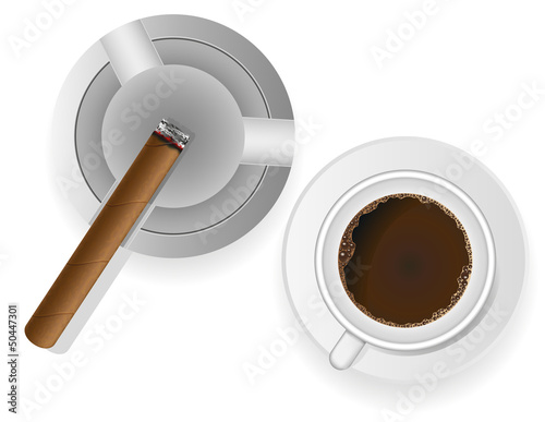 Vector: burning cigar in an ashtray and coffee vector illustration burning cigar in an ashtray and coffee vector illustration