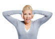Woman closes her ears with hands refusing