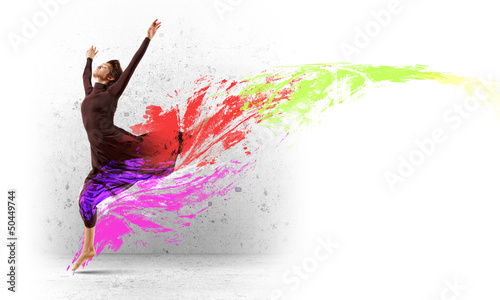 Photo: Girl in color dress dancing.Collage Girl in color dress dancing.Collage