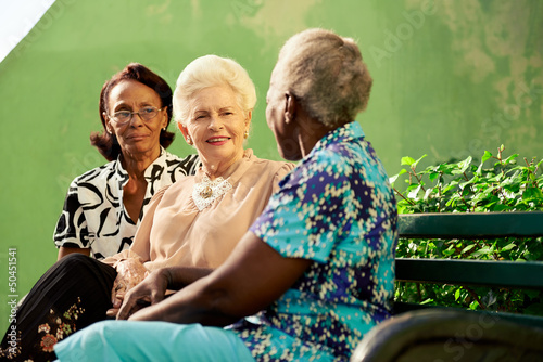 Photo: Group of elderly black and caucasian women talking in park Group of elderly black and caucasian women talking in park