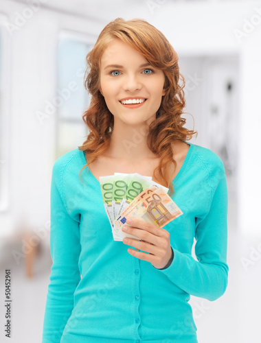 Photo: happy teenage girl with euro cash money happy teenage girl with euro cash money