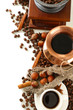 Cup and pot of coffee and coffee beans, isolated on white