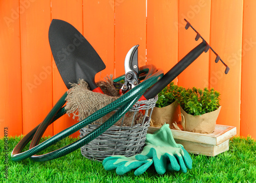 Photo: Garden tools on grass in yard Garden tools on grass in yard