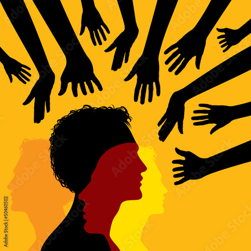 Vector: many hands and silhouette man many hands and silhouette man