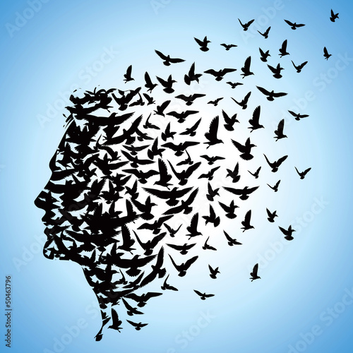 Vector: flying birds to human head flying birds to human head