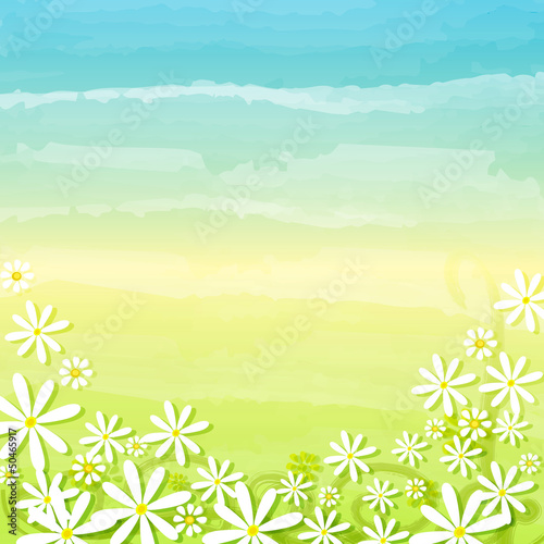 Illustration: spring flowers in blue green background spring flowers in blue green background