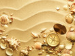 Photo: sea shells with sand as background and old compass sea shells with sand as background and old compass