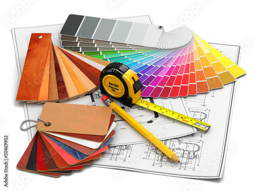 Illustration: interior design. Architectural materials tools and blueprints interior design. Architectural materials tools and blueprints