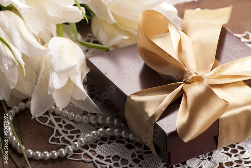 Photo: tulips and gift box tulips and gift box