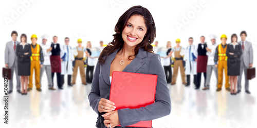 Photo: Business woman and group of workers people. Business woman and group of workers people.