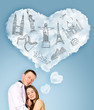 Young beautiful couple dreaming about their vacation. Famous tou