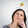 Healthy life concept. Woman with vitamins overhead
