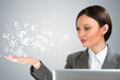 Investment concept. Pretty business woman with currency symbols.