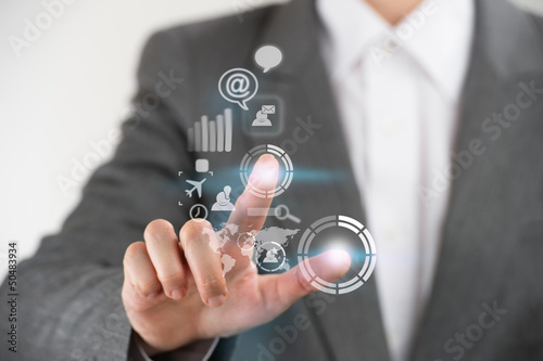 Photo: Technology concept. Businesswoman and virtual interface with web Technology concept. Businesswoman and virtual interface with web