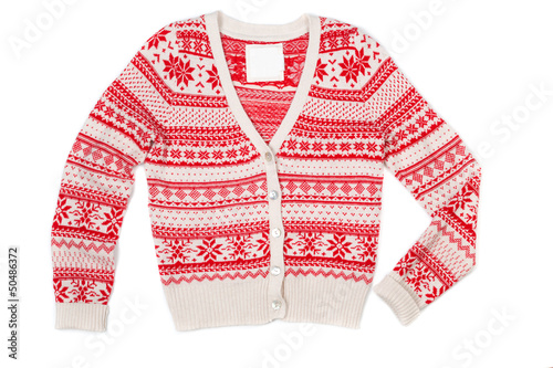 Photo: Bright knitted sweater with red pattern Bright knitted sweater with red pattern