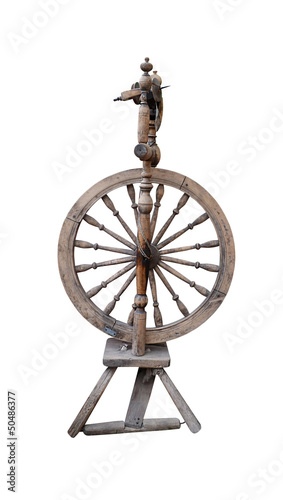 Photo: distaff spinning wheel isolated on white background distaff spinning wheel isolated on white background