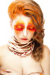 Stylized Woman - Closed Eyes. Red False Lashes. Creative Make up