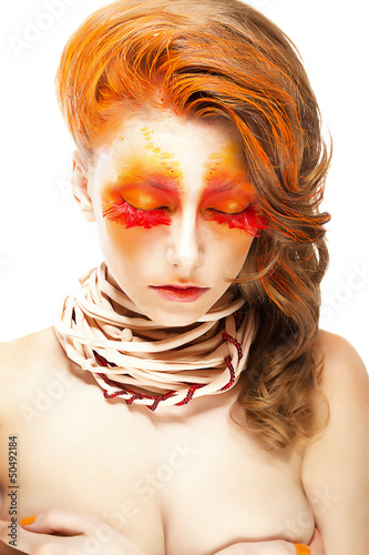 Photo: Stylized Woman - Closed Eyes. Red False Lashes. Creative Make up Stylized Woman - Closed Eyes. Red False Lashes. Creative Make up