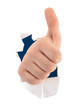 Child hand making thumbs up sign breaking through paper