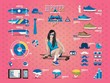 hipster girl info graphic, sport elements,long board