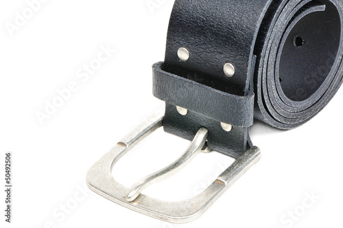Photo: Black leather belt with silver buckle isolated over white Black leather belt with silver buckle isolated over white