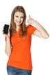 Woman showing mobile phone and making call me gesture