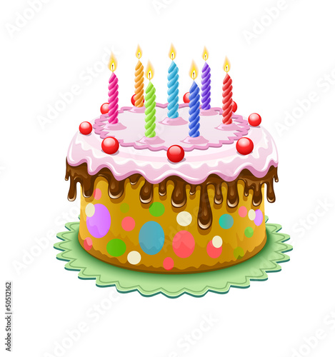 Vector: birthday cake with chocolate creme and burning candles birthday cake with chocolate creme and burning candles