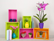 Beautiful colorful shelves with different home related objects
