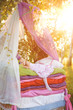 girl sleeps on a bed. the fairy tale "the princess on a pea"