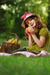 Photo: girl with fruit in park girl with fruit in park
