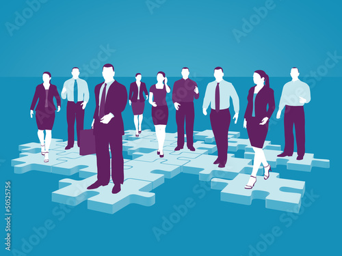 Illustration: Geschäftsleute auf Puzzle-Teilchen - Business Netzwerk Geschäftsleute auf Puzzle-Teilchen - Business Netzwerk