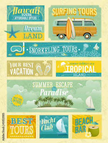 Vector: Vintage summer holidays and beach advertisements. Vintage summer holidays and beach advertisements.