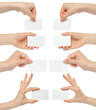 Hands hold business cards collage on white background .