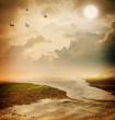 Butterflies and moon in fantasy landscape