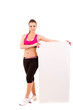 Photo: Sport fitness woman hold blank board Sport fitness woman hold blank board