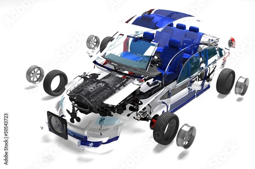 Illustration: Disassembled car. Disassembled car.