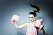 Photo: Female boxer model with big fun pink gloves Female boxer model with big fun pink gloves