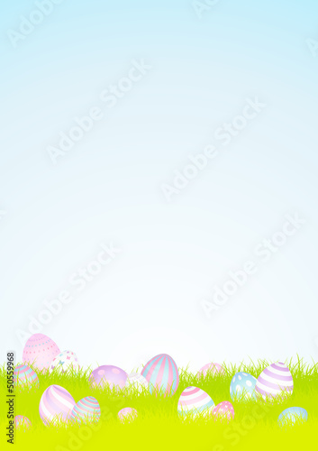 Vector: 16 Pastel Easter Eggs Meadow Background Sky DIN A4 16 Pastel Easter Eggs Meadow Background Sky DIN A4