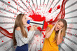 Girl shouting at another through a megaphone as she is covering