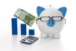Foto: Blue and white piggy bank wearing glasses with calculator Blue and white piggy bank wearing glasses with calculator