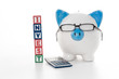 Blue and white piggy bank wearing glasses with invest building b
