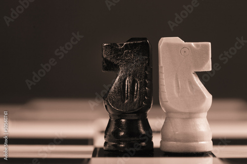 Photo: Two chess knights facing away from each other Two chess knights facing away from each other